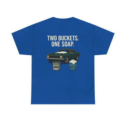 Two Buckets One Soap Muscle Car Detailing T-Shirt – Funny Car Wash Tee for Auto Enthusiasts